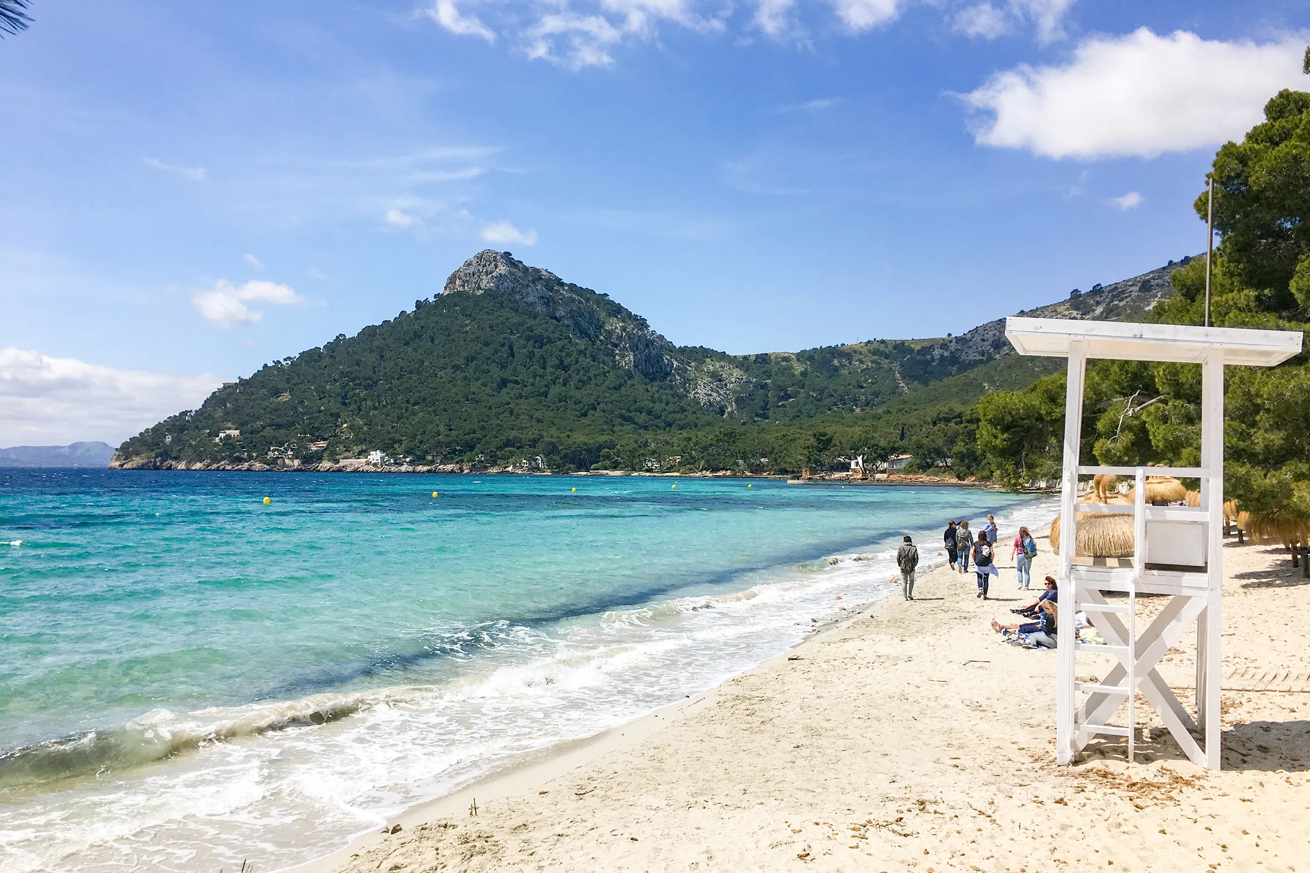 Der Strand von Formentor mit türkisfarbenem Flachwasser und heller Sandsichel, rechts ein weißer Rettungsturm unter Kiefern, im Hintergrund der bewaldete Bergrücken der Halbinsel.
