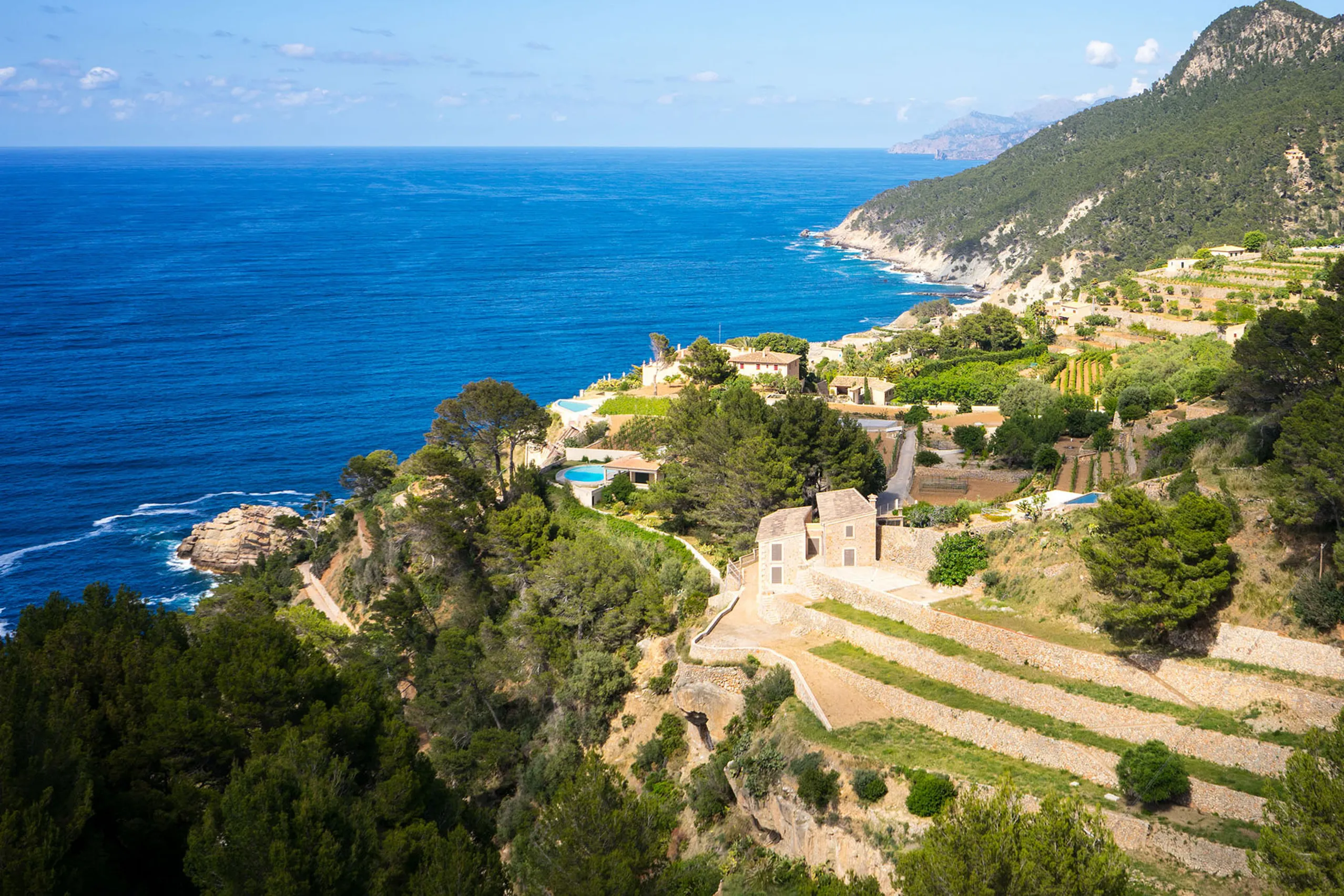Blick von oben über die Weinterrassen von Banyalbufar: gestufte Trockenmauer-Terrassen fallen zwischen Kiefern bis zur Felsküste ab, dahinter das offene Meer und die Flanke der Serra de Tramuntana.
