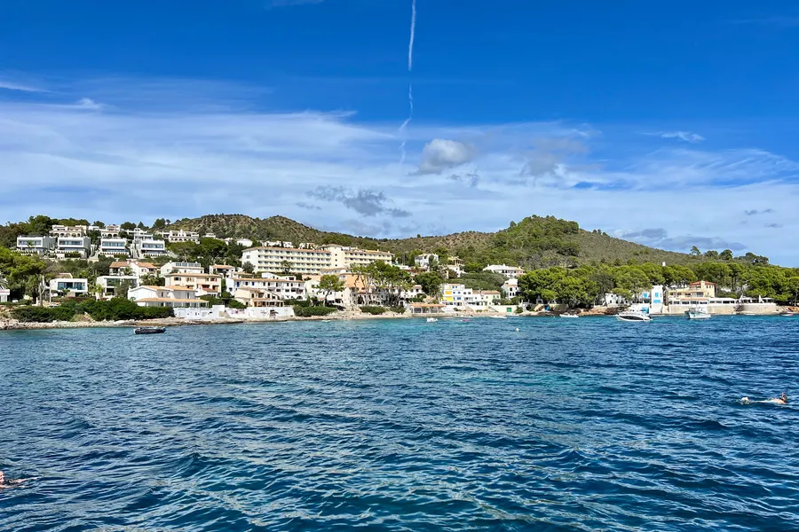 Blick vom Wasser aus auf die bewaldete Küste von Alcanada mit niedrigen weißen Häusern zwischen Kiefern und der Hügelkette dahinter.
