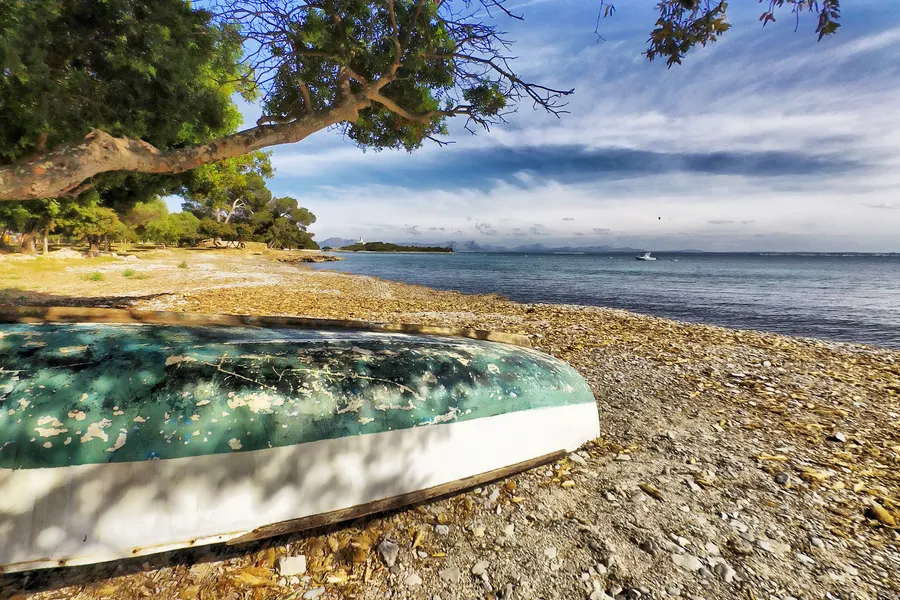 Ein umgedrehtes altes Ruderboot am Kieselstrand von Alcanada, darüber die knorrigen Äste einer Kiefer, dahinter das Meer.
