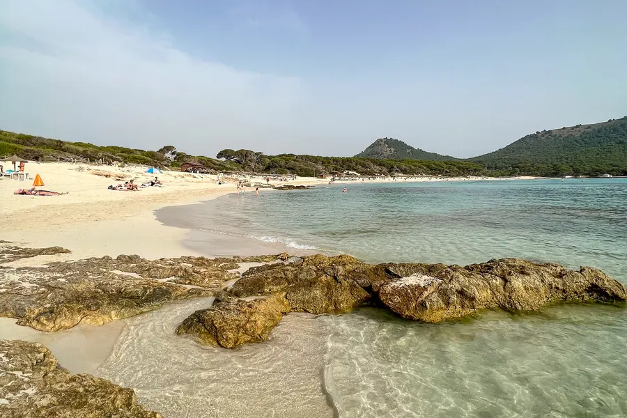 Sandstrand der Cala Agulla mit flachen Felsbänken im klaren Flachwasser, dahinter der weite Strandbogen und bewaldete Hügel.