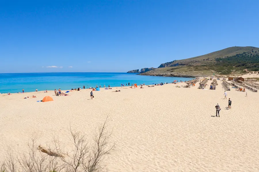 Weiter, fast weißer Sandstrand der Cala Mesquida mit einer langen Reihe Schilfschirme, türkisfarbenem Wasser und einem kahlen Berghang dahinter.