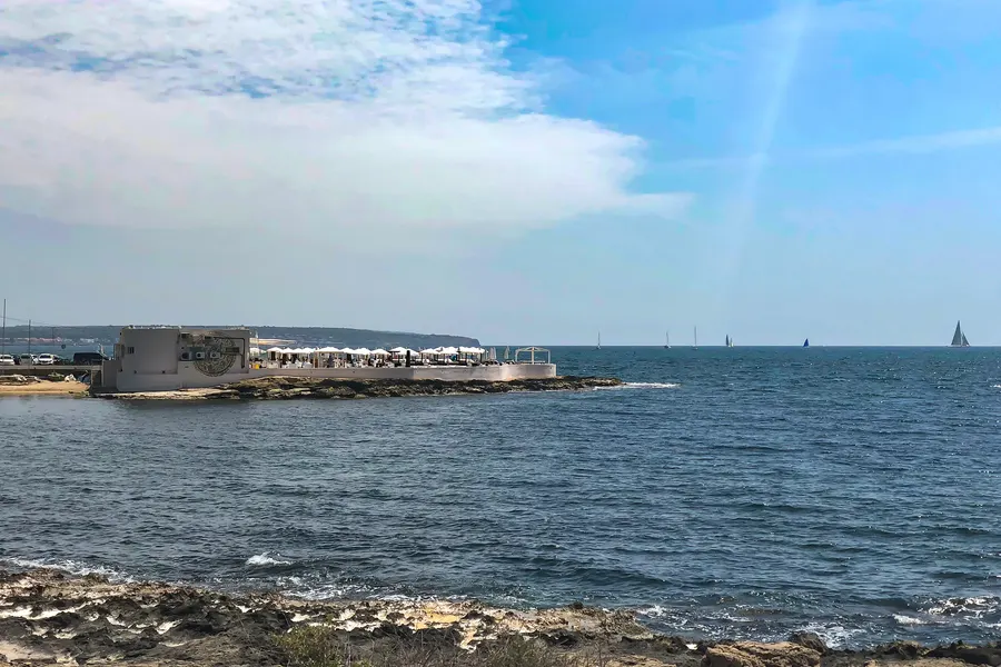 Steinerne Mole vor Can Pastilla im Abendlicht, davor die flache Felsküste und das Meer mit Segelbooten am Horizont.
