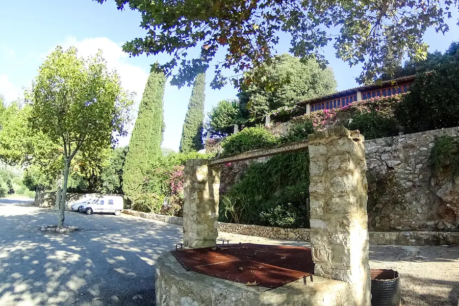 Schattiger Vorplatz der Coves de Campanet mit Platanen, Trockenmauern, blühenden Sträuchern und einem geparkten Wagen.