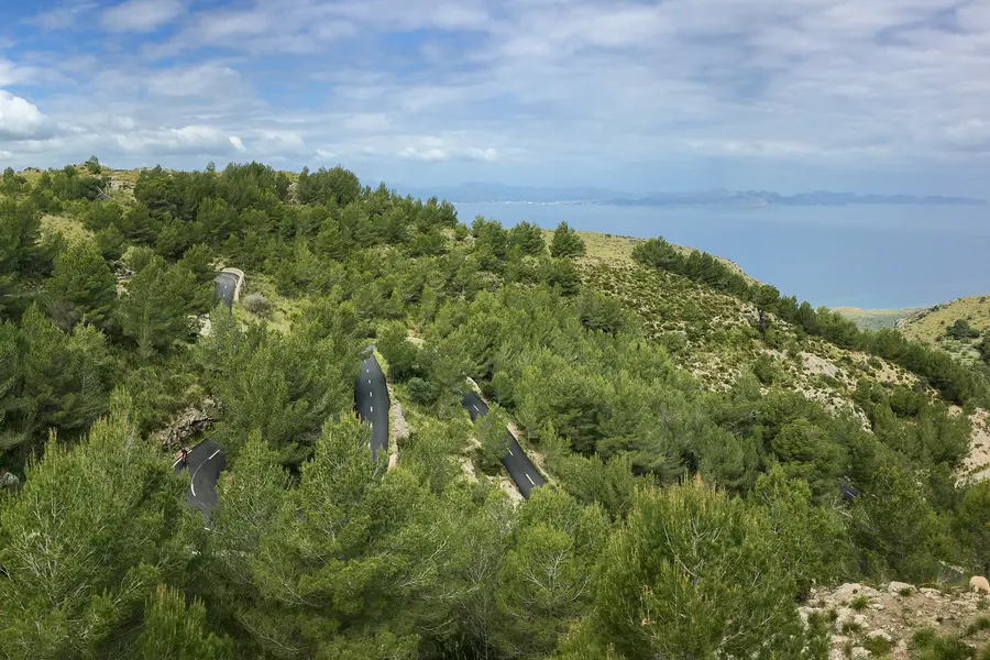 Blick über die bewaldeten Hänge des Massís d'Artà von der Straße zur Ermita aus, im Vordergrund Leitplankenpfosten, am Horizont das diesige Meer.
