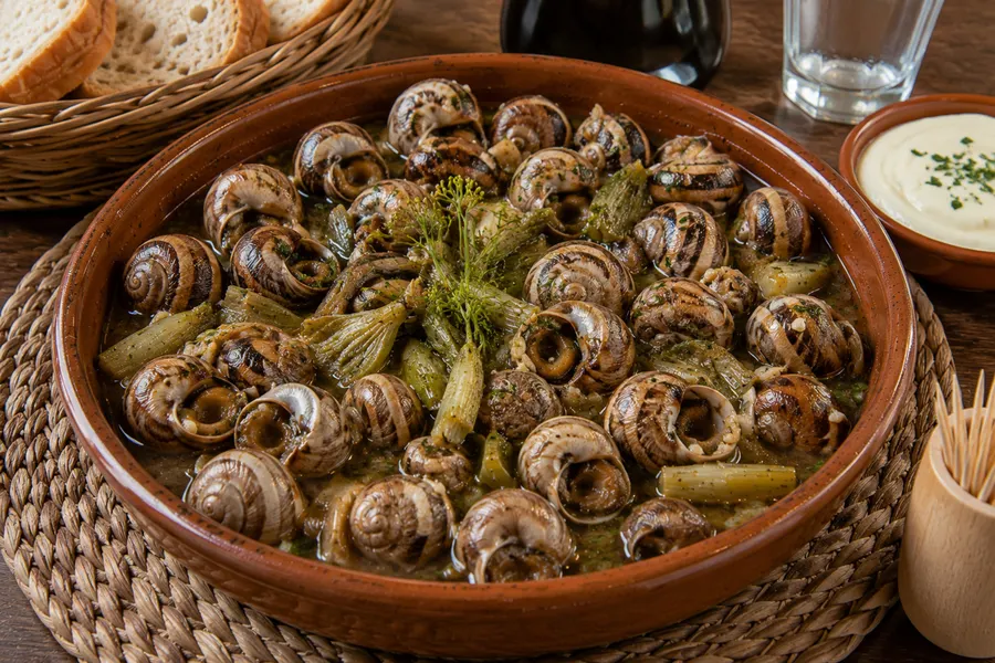 Caragols a la mallorquina — Schnecken, in kräftigem Sud mit Fenchel, Kräutern und Knoblauch gekocht. (mit künstlicher Intelligenz erzeugte Abbildung)