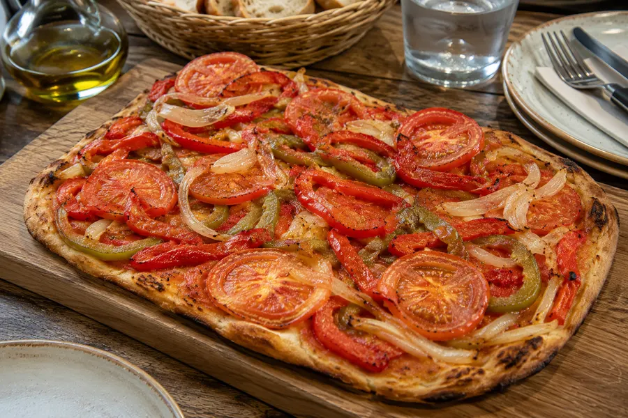 Coca de trampó — Flacher Teigfladen mit Tomate, Paprika und Zwiebel, ohne Käse. (mit künstlicher Intelligenz erzeugte Abbildung)