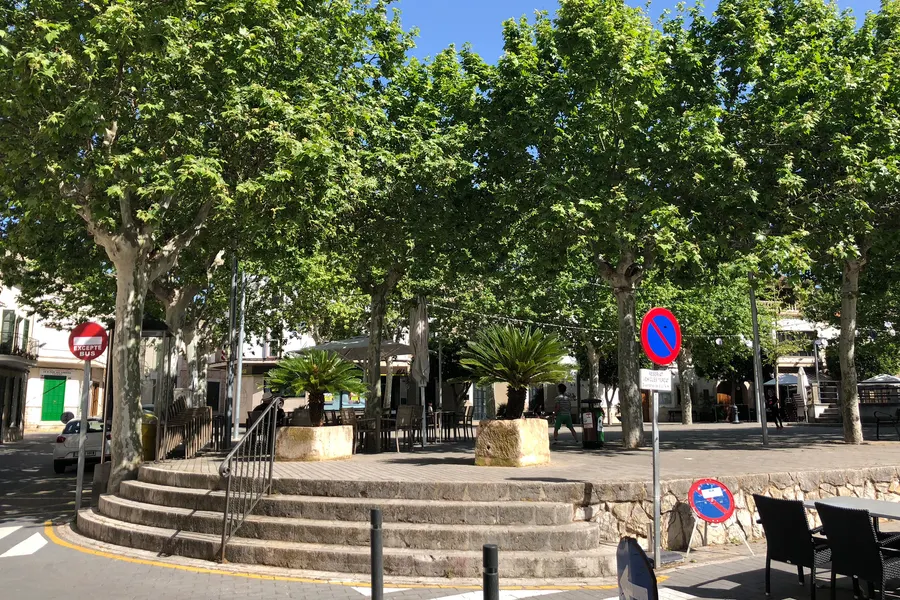 Steintreppe zu einem schattigen Platz in Maria de la Salut mit Palmen, Bäumen und Verkehrsschildern am Rand.
