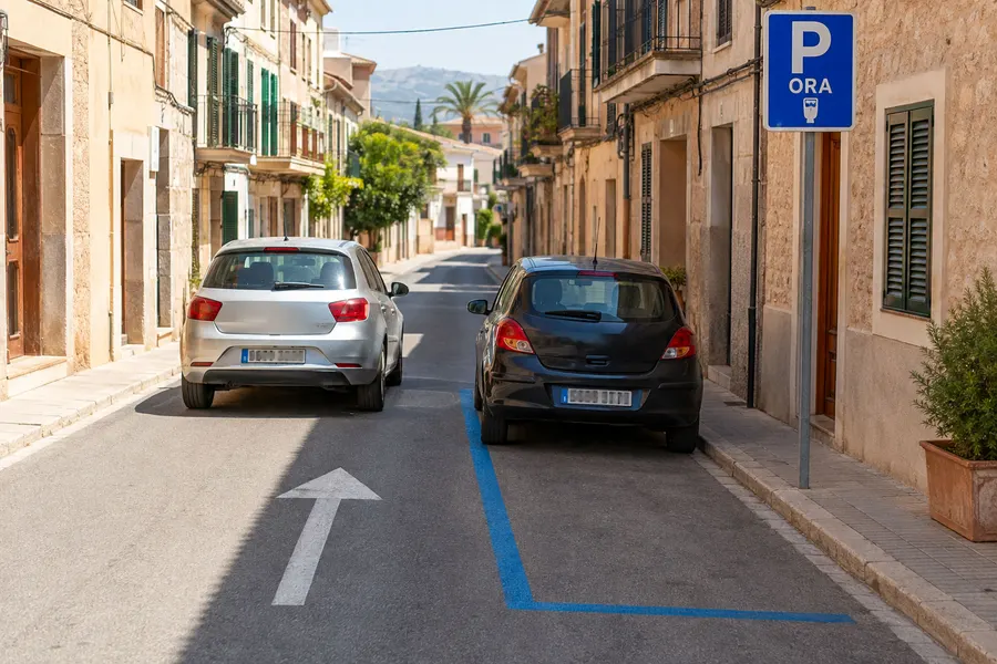Eine mallorquinische Gasse mit blau markierten Parkflächen am rechten Rand, daneben ein Schild mit der Aufschrift ORA.