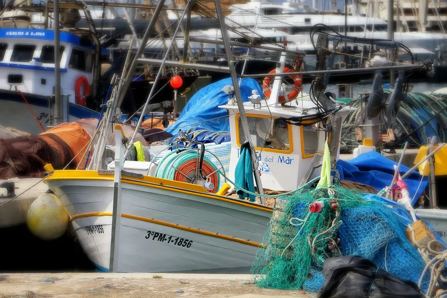 Weißes Fischerboot am Kai von Palma, beladen mit grünen und blauen Netzen, Bojen und Kisten.