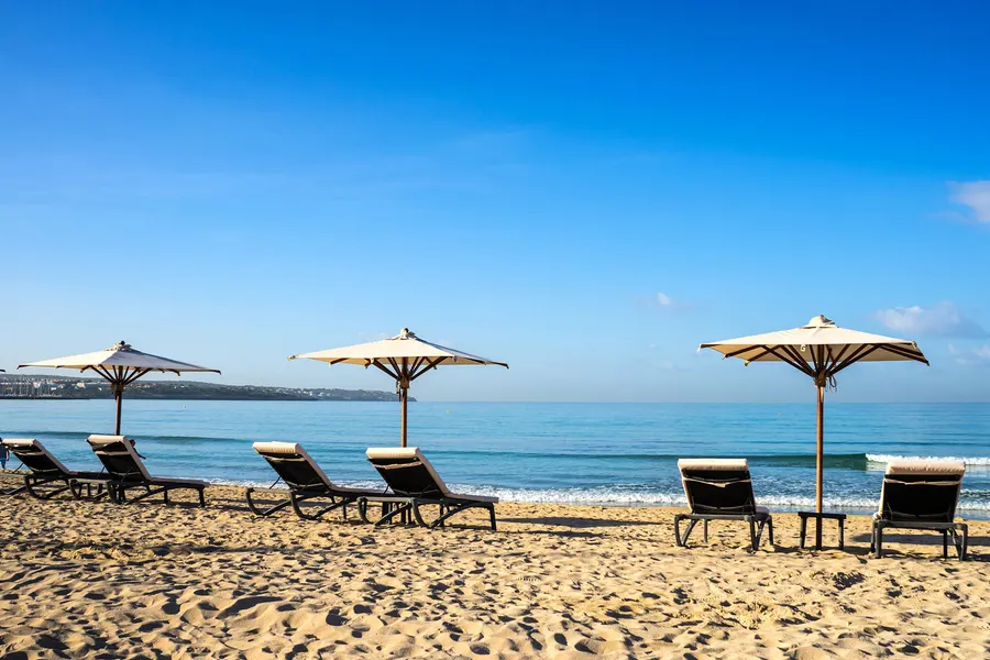 Hohe Dattelpalmen auf dem hellen Sand der Platja de Palma, dahinter Badegäste und das Meer unter tiefblauem Himmel.
