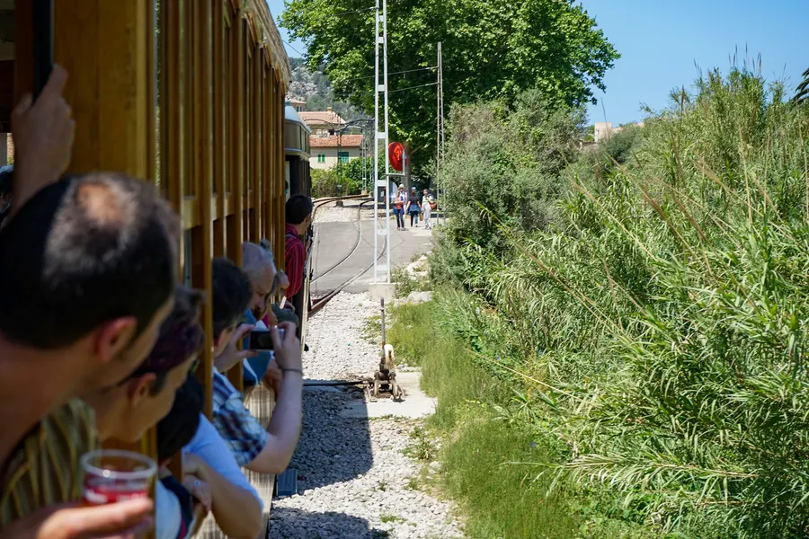 Die Straßenbahn von Sóller mit Holzwagen auf gepflasterter Straße zwischen Häusern und Platanen, Passanten daneben.
