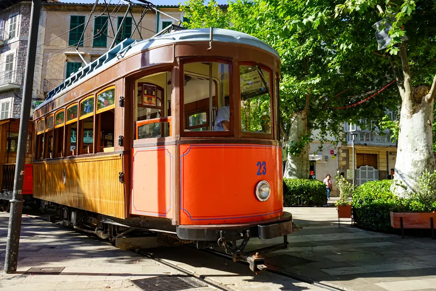 Die Straßenbahn von Sóller unter alten Platanen an einem Platz, dahinter Häuser mit grünen Fensterläden.
