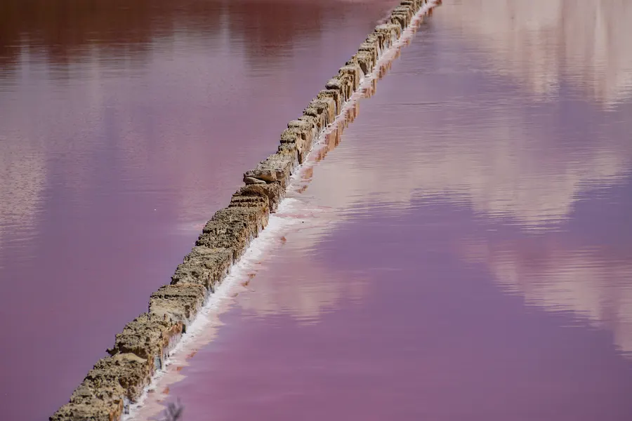 Rosafarbene Salzbecken mit einem schmalen Steindamm dazwischen, der sich im vollkommen stillen Wasser spiegelt.