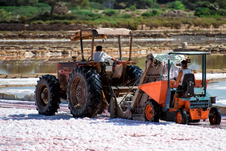 Traktor und Erntemaschine auf einer weißen Salzfläche zwischen den Becken, zwei Arbeiter auf den Fahrzeugen.