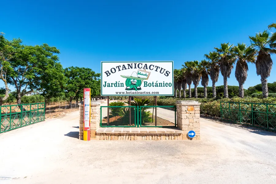 Eingangstor des botanischen Gartens Botanicactus bei Ses Salines mit Schild, Steinmauer und einer Reihe Palmen dahinter.
